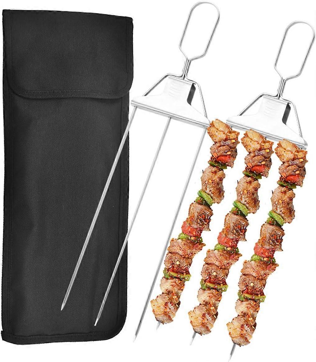 3 Way Grill Skewers, 3 Prong Stainless Steel Skewers For Grilling, Metal Grill Skewers Semi-automatic Grill Fork With Push Bar Slider