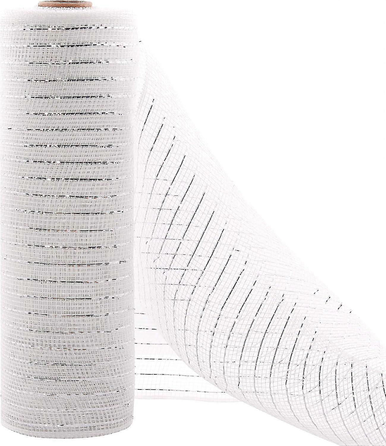 White Poly Decorating Mesh Ribbon With Metallic Foil 10 Inch X 30 Feet Each Roll