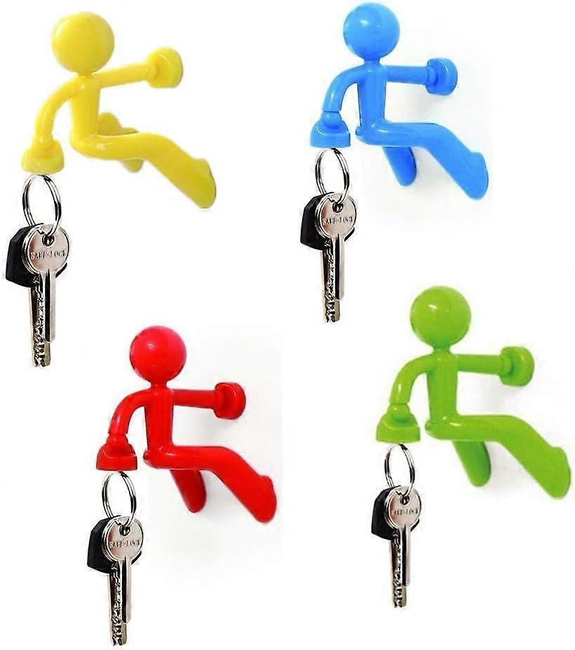 Key Holders Magnetic Key Man Hook Wall Key Holder Fridge Magnets Home for Any Metal Surface (Red/Yellow/Blue/Green, 4 Pack)