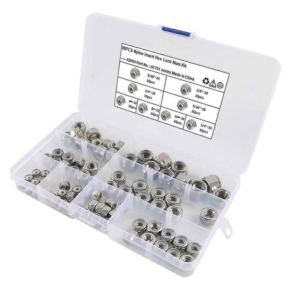A7751 80Pcs 304 Stainless Steel + Nylon Insert Hex Lock Nuts Kit Assorted Kit