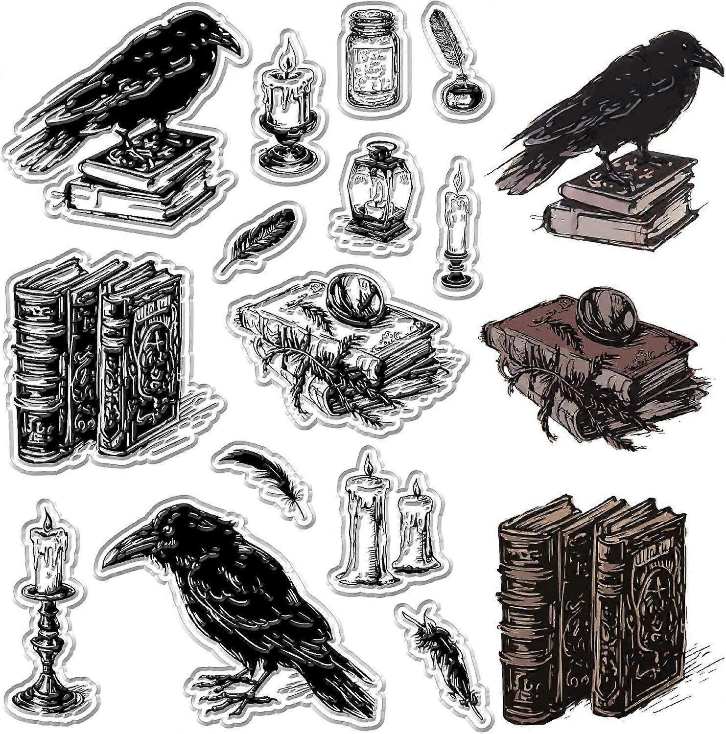 Crow Clear Stamps Halloween Raven Books Feather Transparent Silicone Sealing Stamp Vintage Retro Reusable Decorative Seals Journal Album Decoration DI