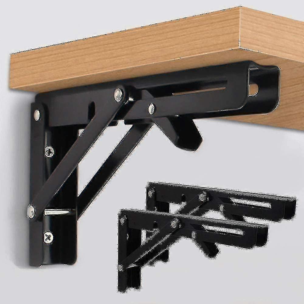 2 Pcs Folding Shelf Brackets - 8 Inch Black Heavy Duty Metal Triangle Collapsible Shelf Bracket