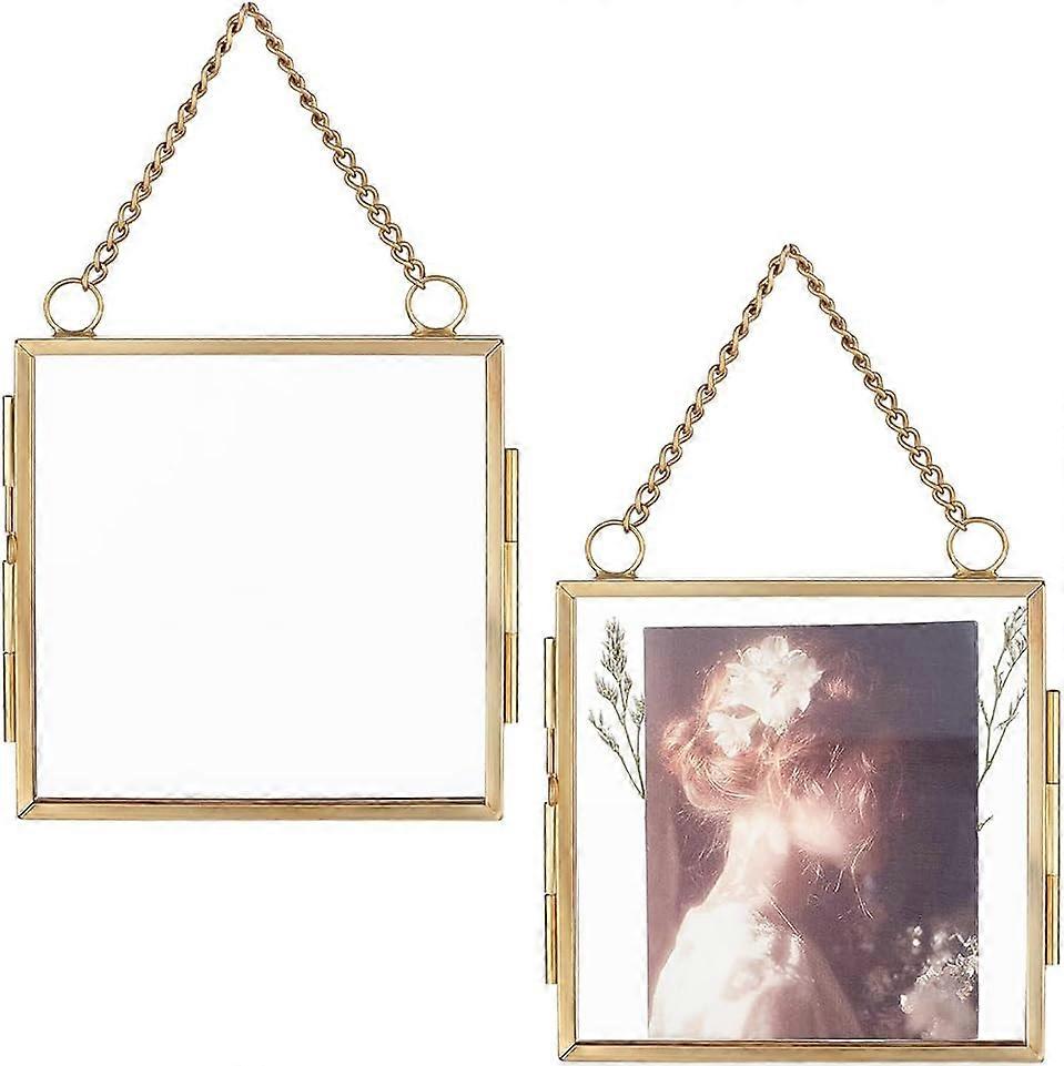 2 Pcs Wall Hanging Mini Photo Frames Double Glass Picture Frame with Chain Alloy Folding Frame DIY Vintage Artwork Display Frames for Pressed Flowers 