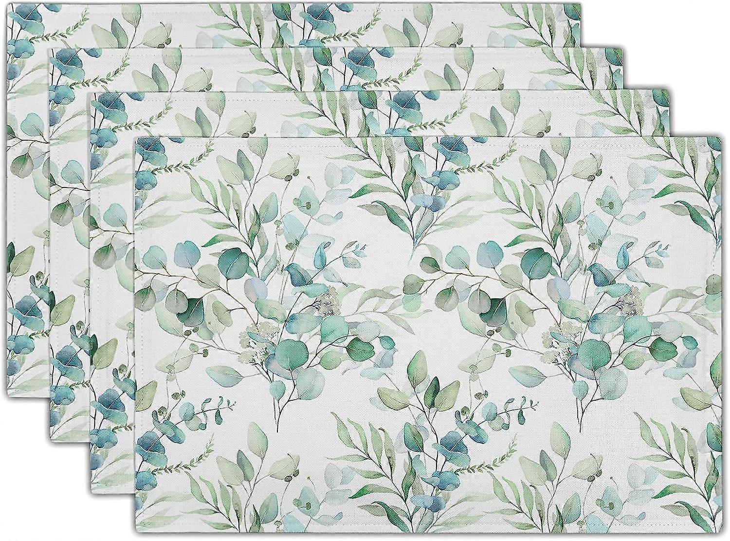 Eucalyptus Leaves Placemats Set of 4, Rustic Vintage Table Mats 12 X 18 Inch Green Leaf Table Placemats Non-Slip Washable Place Mats for Dining Kitche