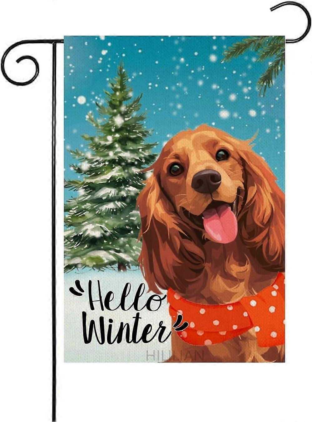 Bandeira de Jardim Cocker Spaniel 12x18 Polegadas Dupla Face, Olá Cão de Inverno com Cachecol Árvore de Natal Quintal 