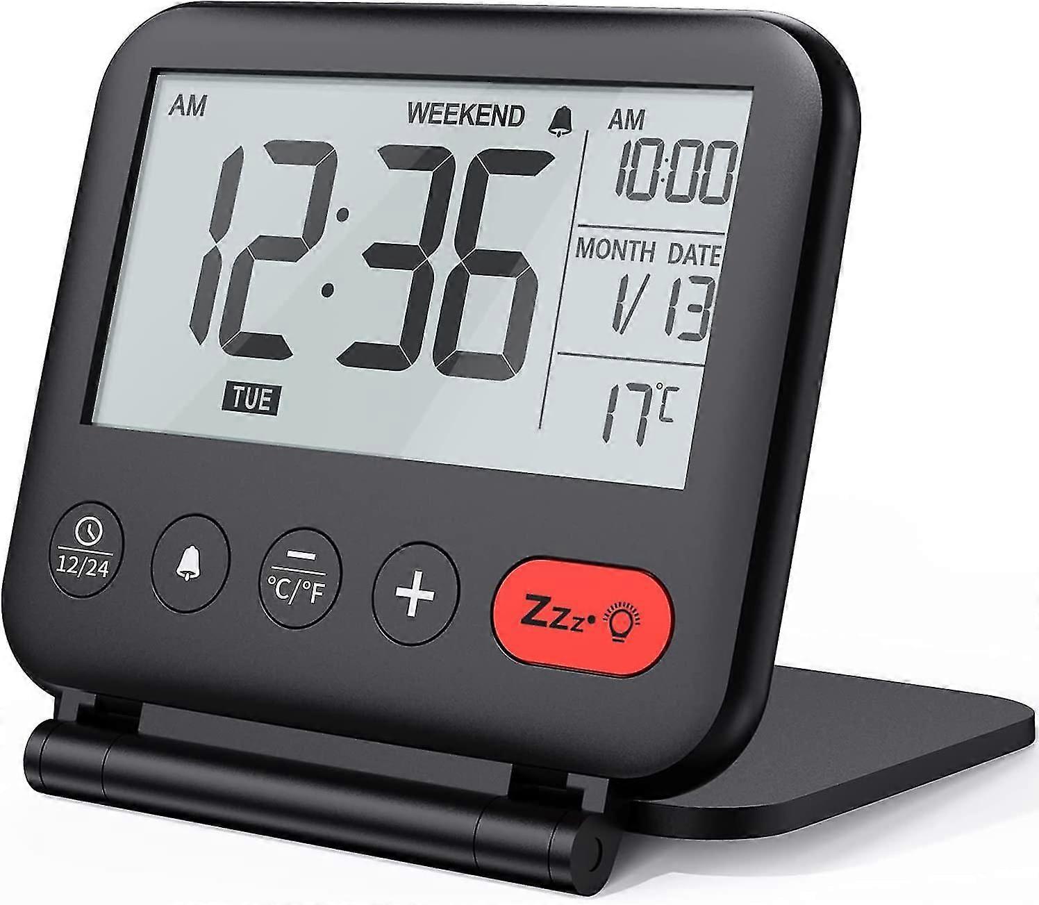 Travel Alarm Clock Mini Portable Lcd Digital Clock With Backlit Calendar 12/24h Temperature Battery Operated (black) Boris