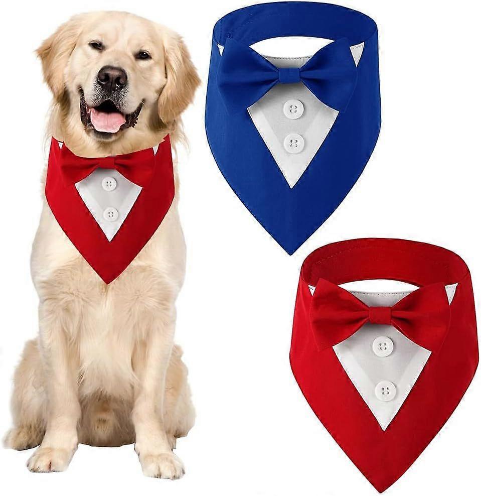 2Pcs Dog Tuxedo Formal Dog Tuxedo XS Blue Red Wedding Bandana Dog Collar with Bow Tie Dog Birthday Costume Adjustable Pet Party Tux Formal Attire Vale