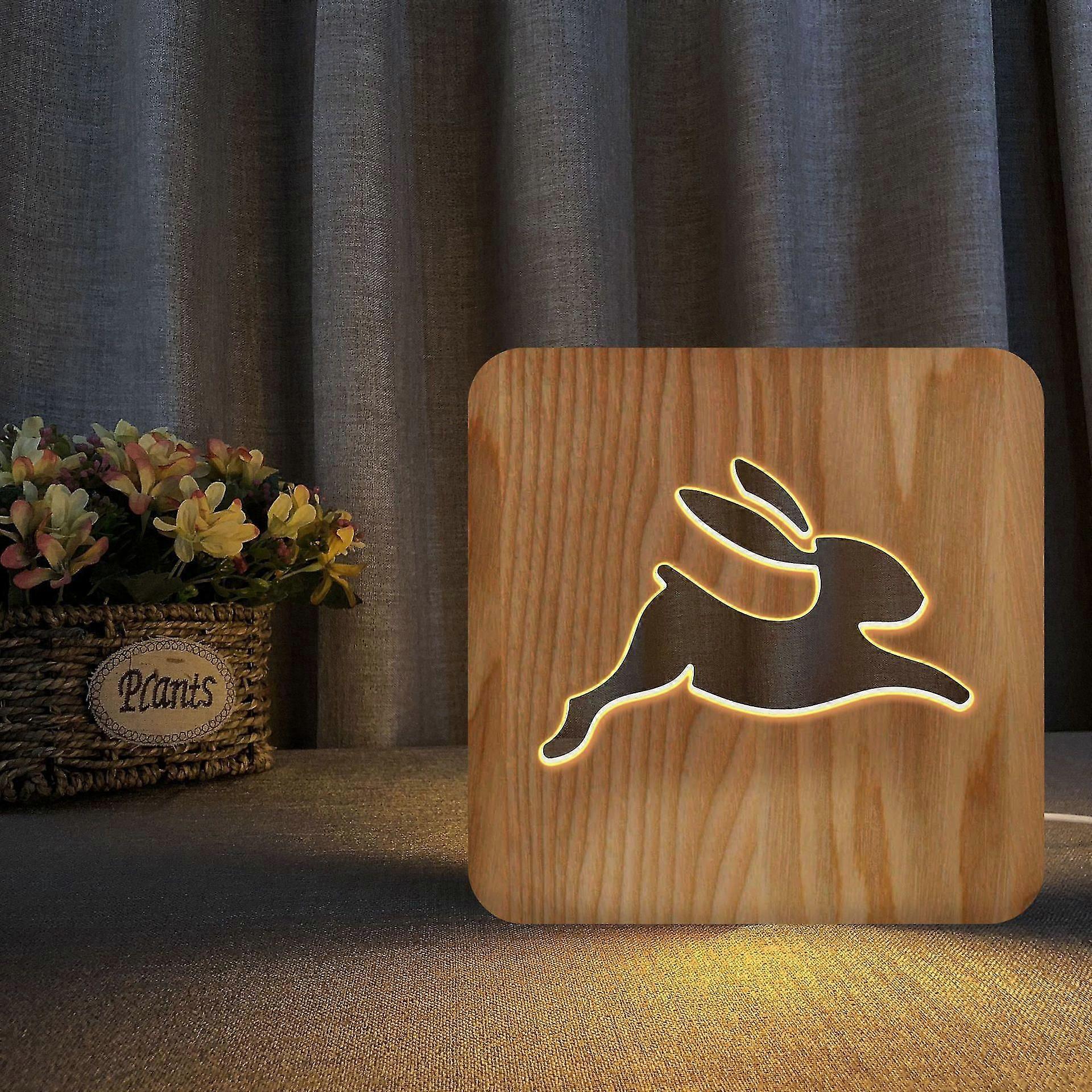 Led wooden carving night light usb power rabbit pattern 3