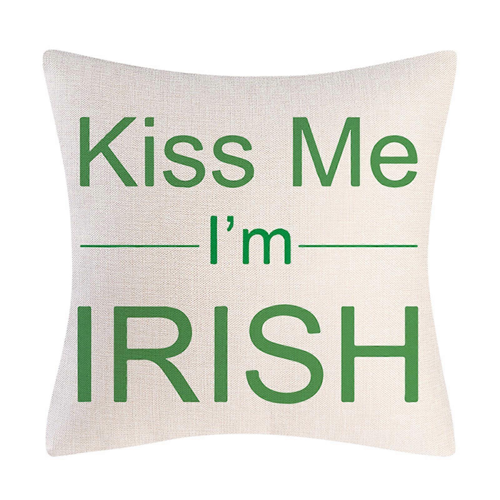 Saint Patricks Day Pillow Cover Square Linen Pillowcase Clover Letters Design