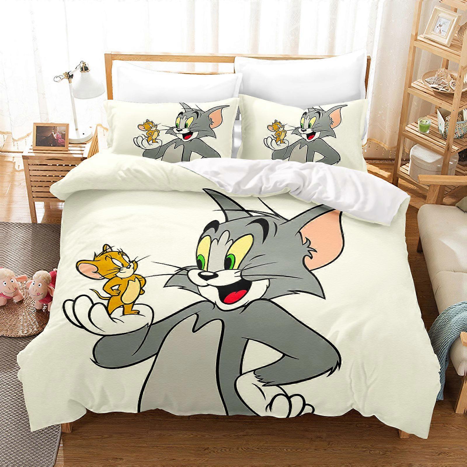 v1030 Lakan Tom och Jerry sovrum anime påslakanset sängkläder king size lyx överdrag -stycke polyester juldekorationer hem 3-delat sängkläder set