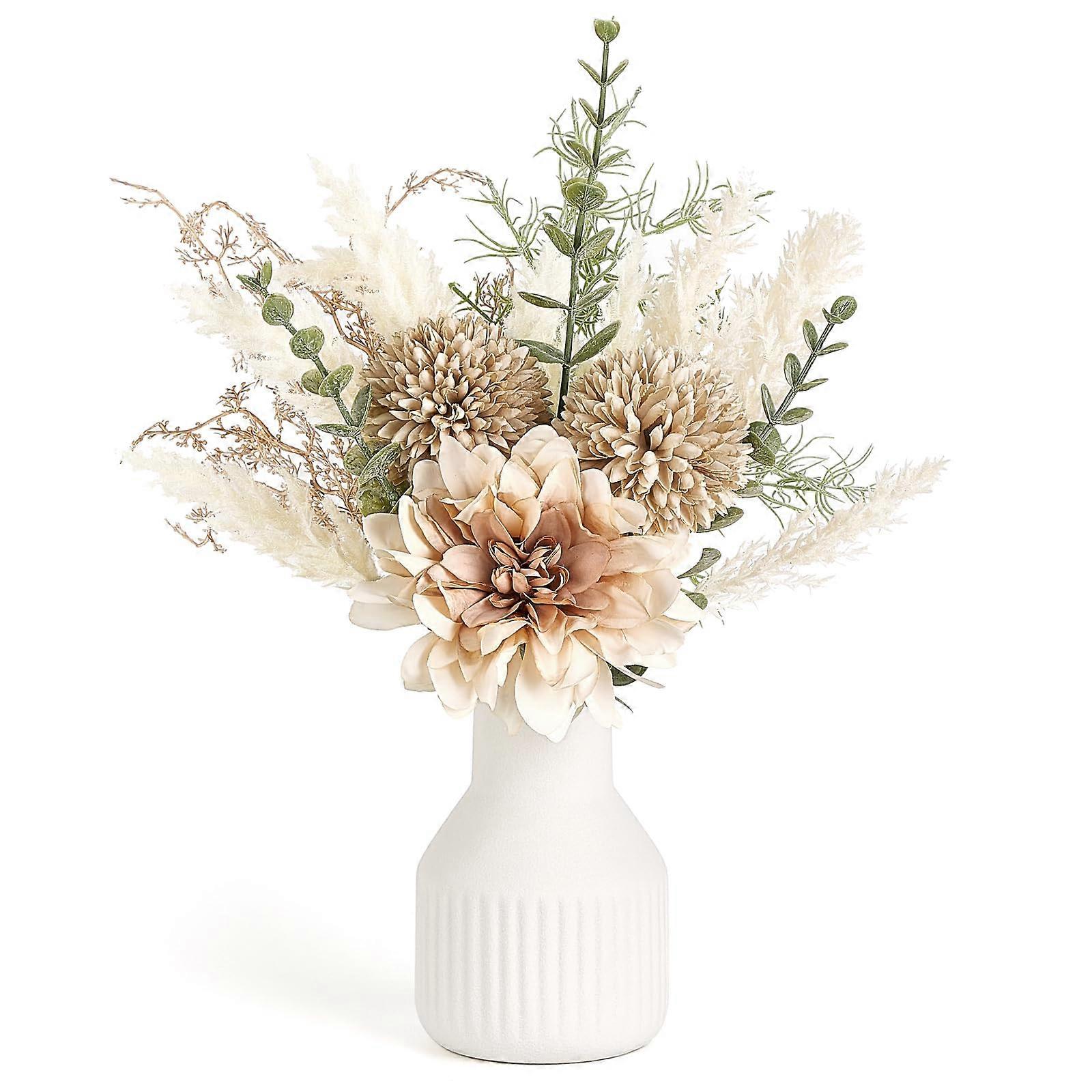 13.5" Small Artificial Flowers in Brown Ceramic Vase for Home Decor, Indoor Decoration, Floral Arrangement