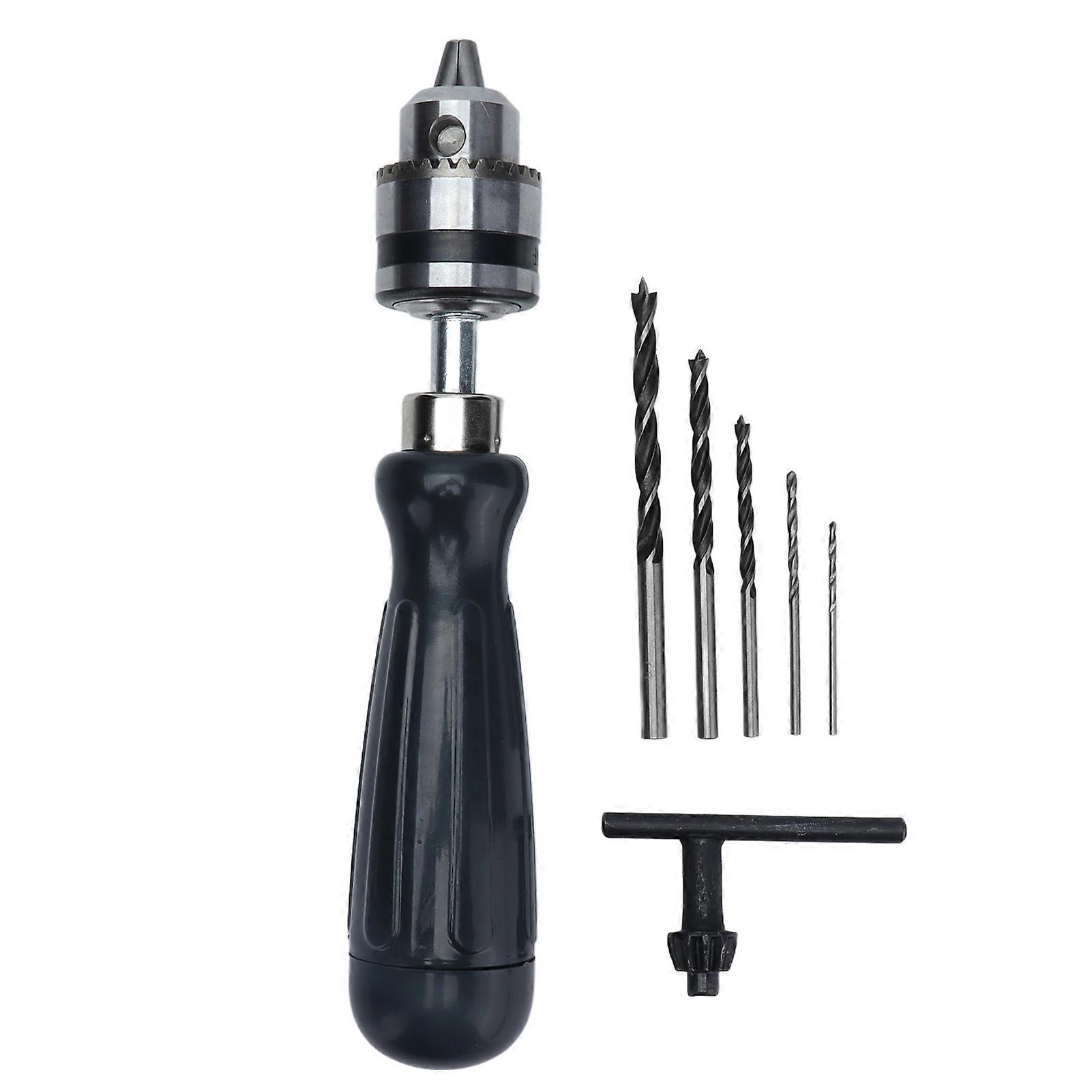 Hand Drill Carbon Steel Manual Crank with Chuck Key and 5 Drill Bits for Wood Plastic Jewelry and Resin Projects