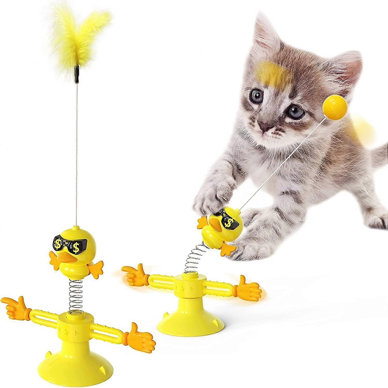 Cat Toy with Powerful Suction Cup, Turntable Kitten Toy with Two Hands and Spring