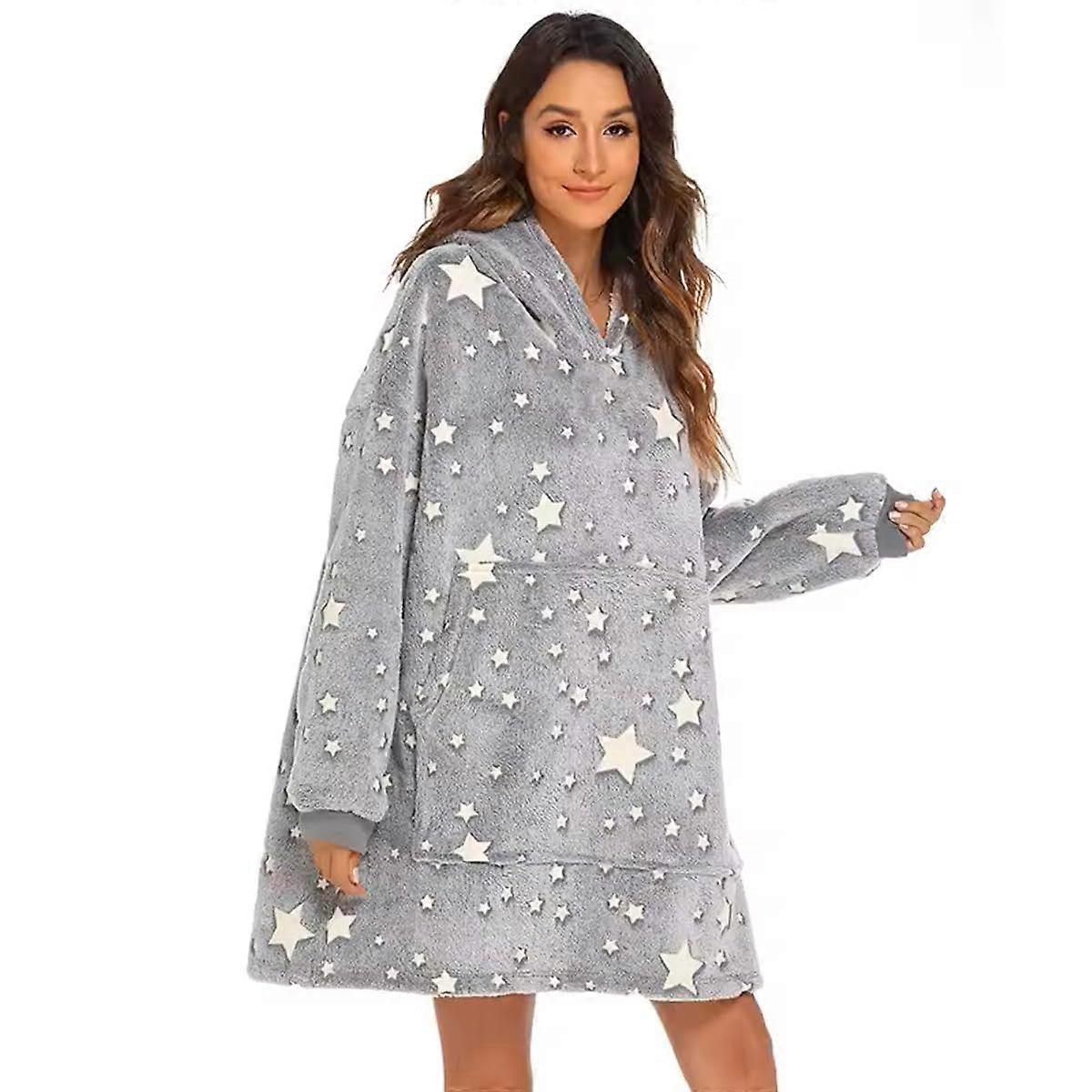 Wearable Blanket Hoodie - Oversized Sherpa Sweatshirt for Adults with Pockets, One Size Fits All, Luminous Grey Star