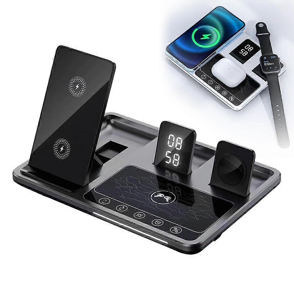 4 in 1 Alarm Clock Wireless Charger Stand, Charging Station for Multiple Devices with Alarm Clock and Night Light
