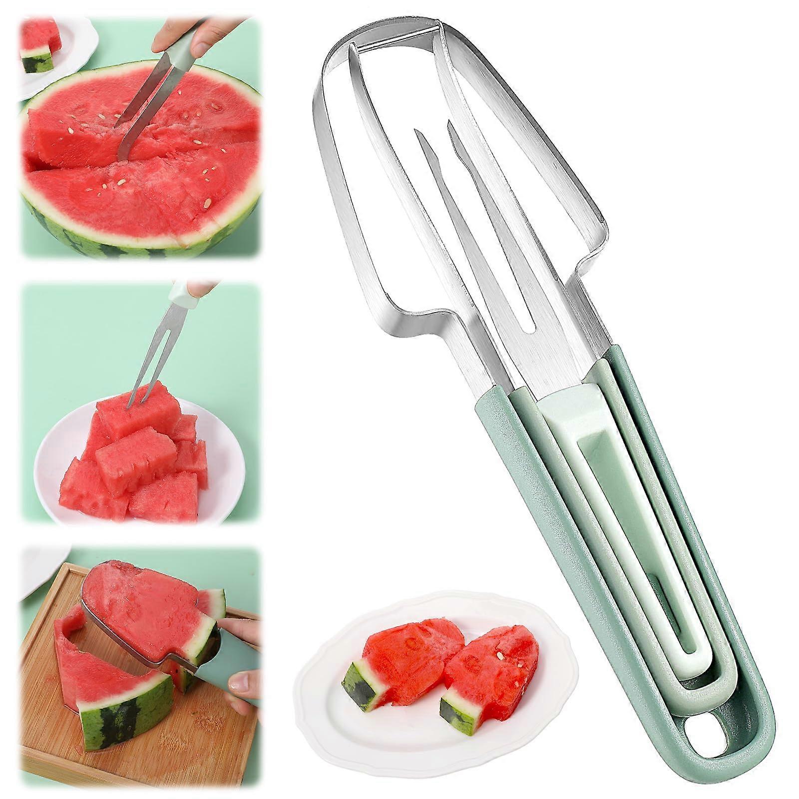 3-in-1 Watermelon Fork Slicer Cutter Stainless Steel & PP Green Watermelon Tool For Kitchen Use