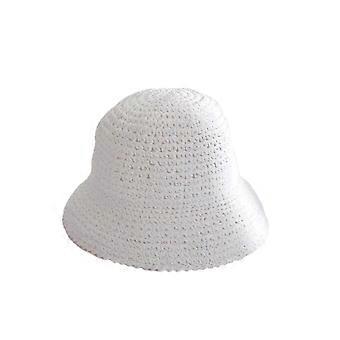 Women Summer Solid Color Woven Straw Bucket Sun Hat Foldable Wide Brim Hollow Breathable Sunscreen Beach Hat