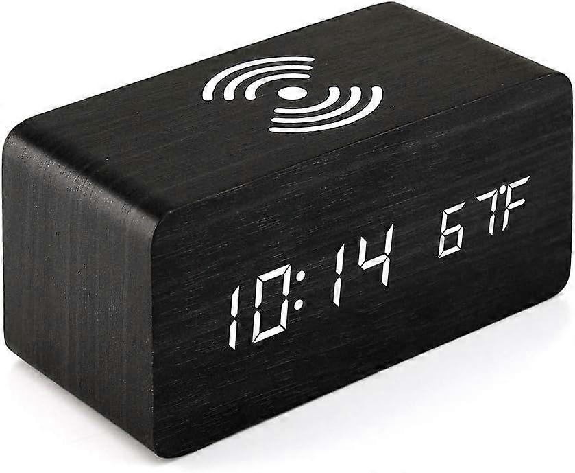 Wooden Alarm Clock with Qi Wireless Charging Pad Compatible with iPhone Samsung Wood LED Digital Clock Sound Control Function, Time Date, Temperature 