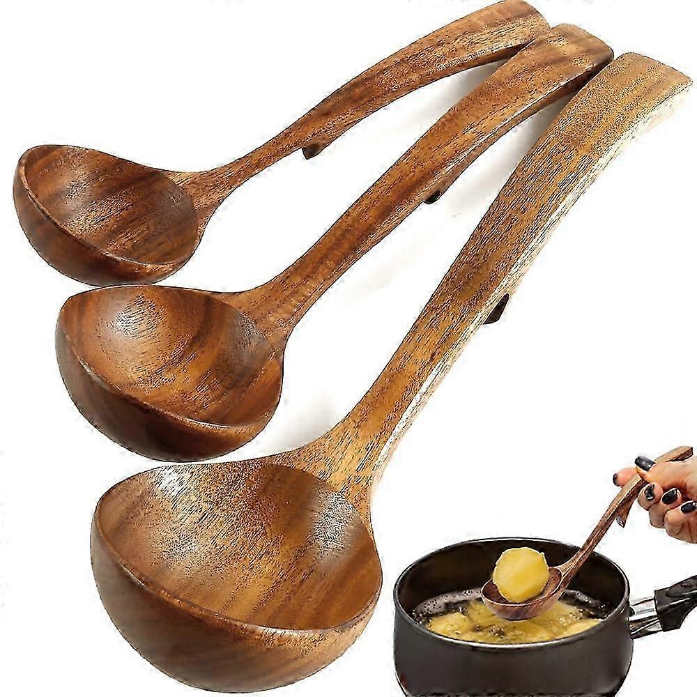 Wooden Ladle Set - Non-Stick Long Handle Kitchen Utensils (3 Sizes)