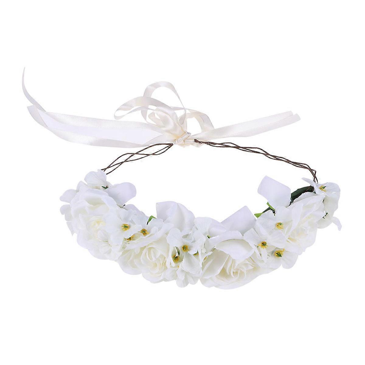 Flower Wreath Headband Round Shape Artificial Flower Hair Bands in White Color Suitable for Masquerade and Costume Performance 1Pack