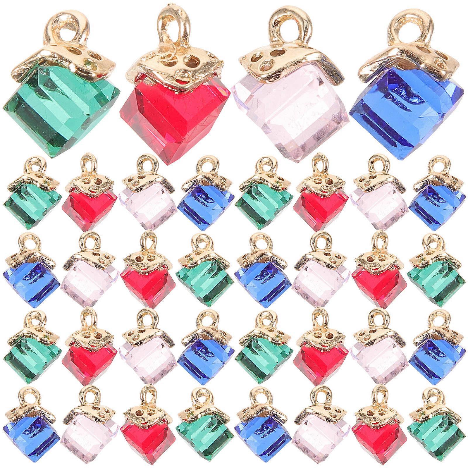 40pcs Crystal Cubic Charms with Hanging Ring Durable Colored Pendants for DIY Bracelets, Necklaces, and Keychains Red, Pink, Blue, Green
