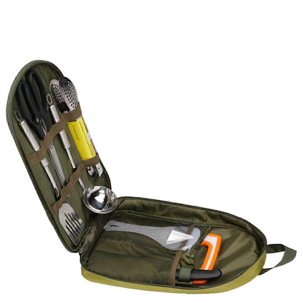 8-Piece Camping Cooking Tool Set with Green Tableware Cookware Storage Bag and Carry Strap for Outdoor Picnics