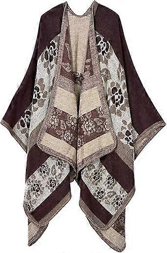 Women's Poncho Shawl Vintage Warm Open Front Wrap Cape Reversible Scarf.Flower Pattern