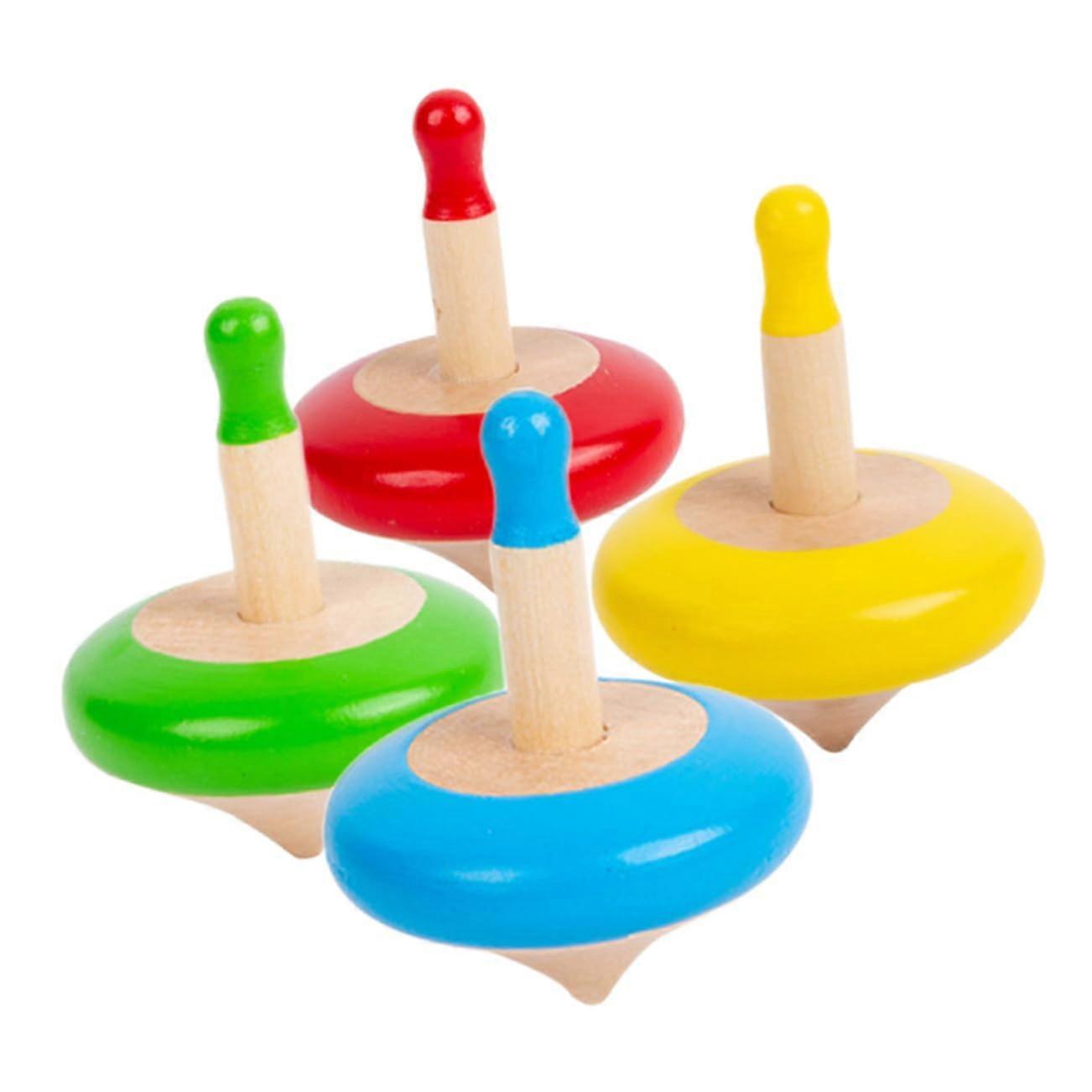 4 Piece Wooden Gyroscope Set - Colorful Interactive Fidget Toy For Hand-Eye Coordination And Movement Indoor Outdoor