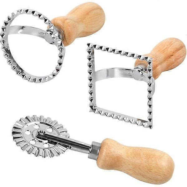 Ravioli Stamp Maker, Square Round Ravioli Maker with Wooden Handle and Grooved Edge, Ravioli Maker with Pasta Roller Wheel Set
