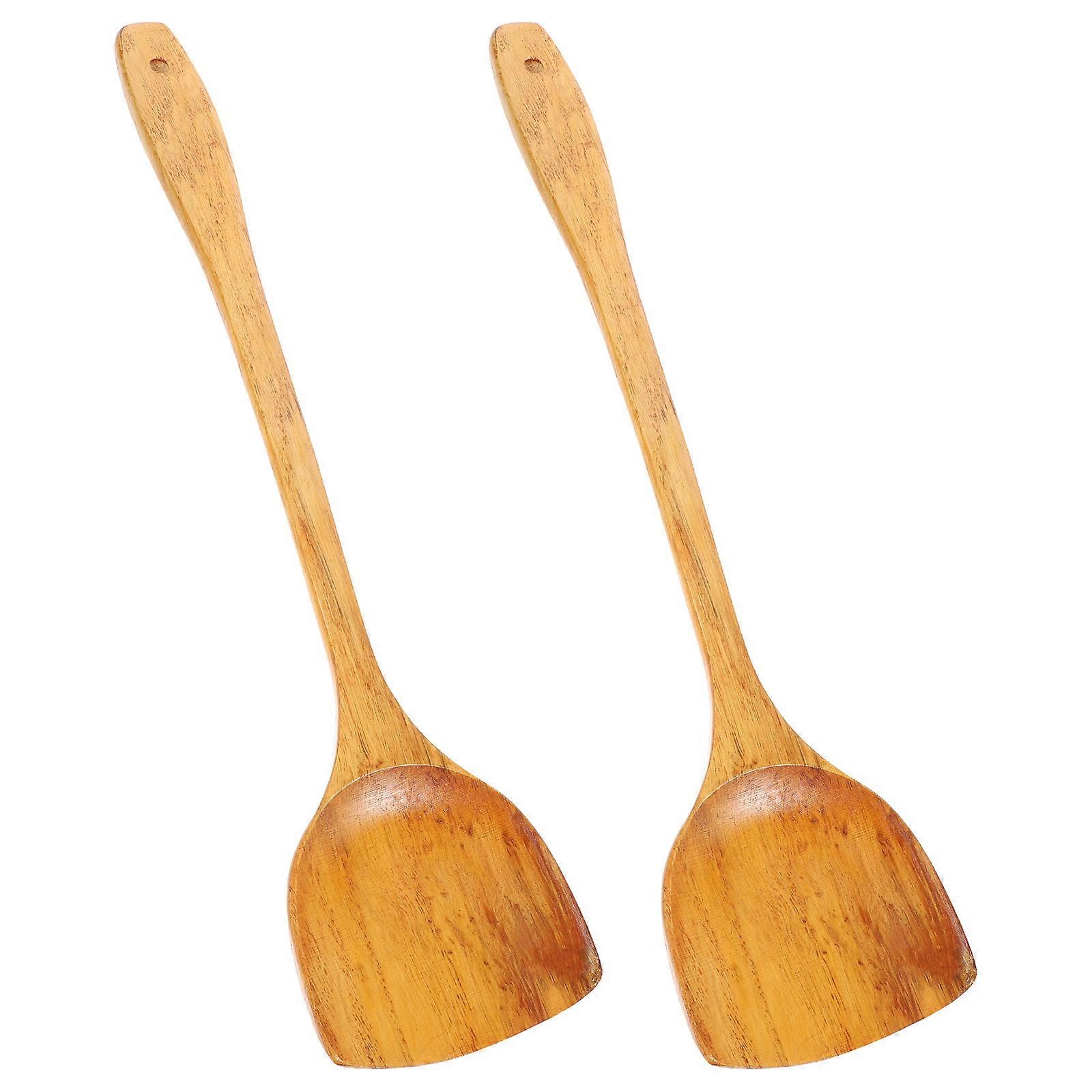 Wooden Cooking Spatula Set of 2   Long Handle for Non Stick Cookware, Heat Resistant, Easy to Clean Kitchen Utensils