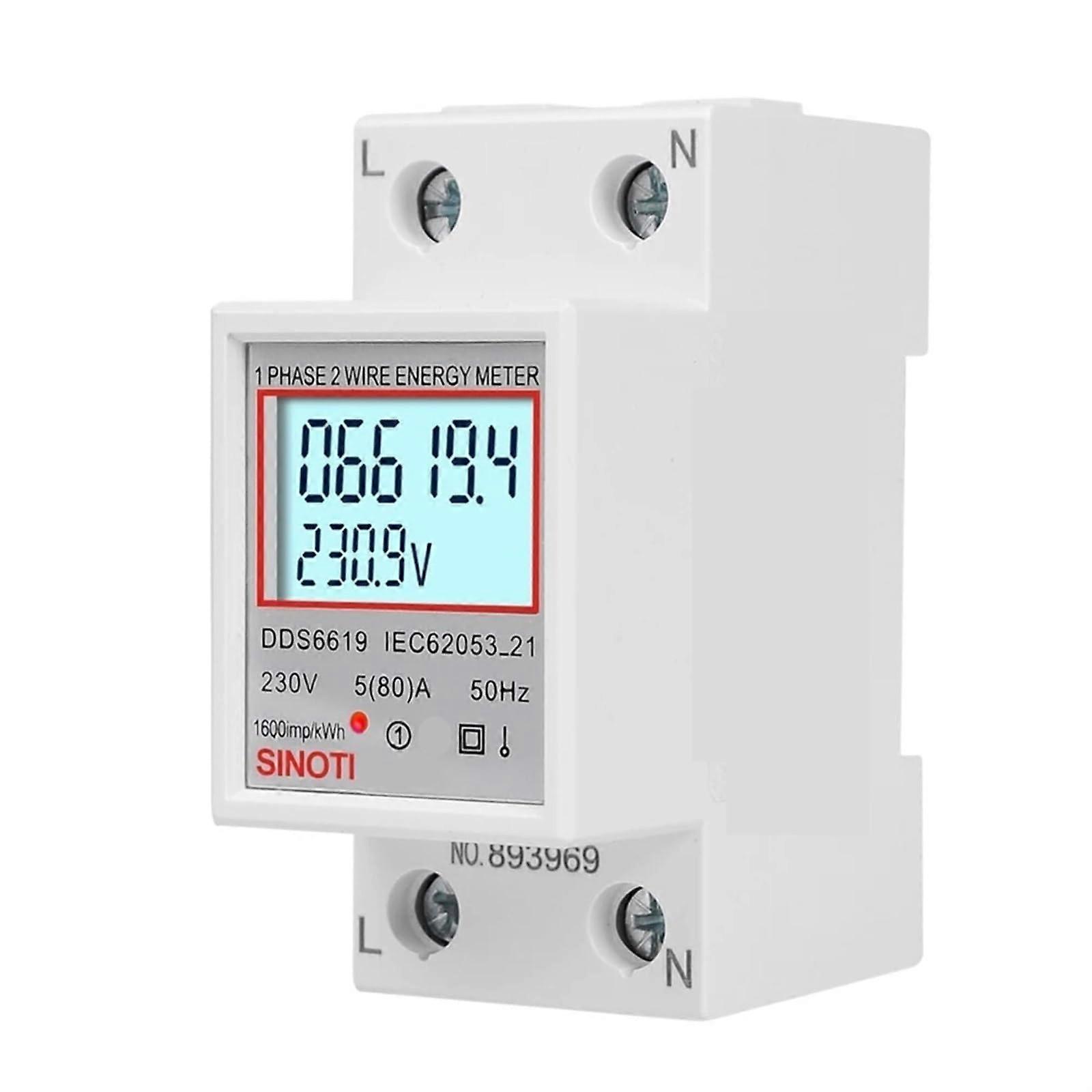Digital singlephase energy meter, LCD display, 220 V, DIN rail, 50–60 Hz (StyleA).