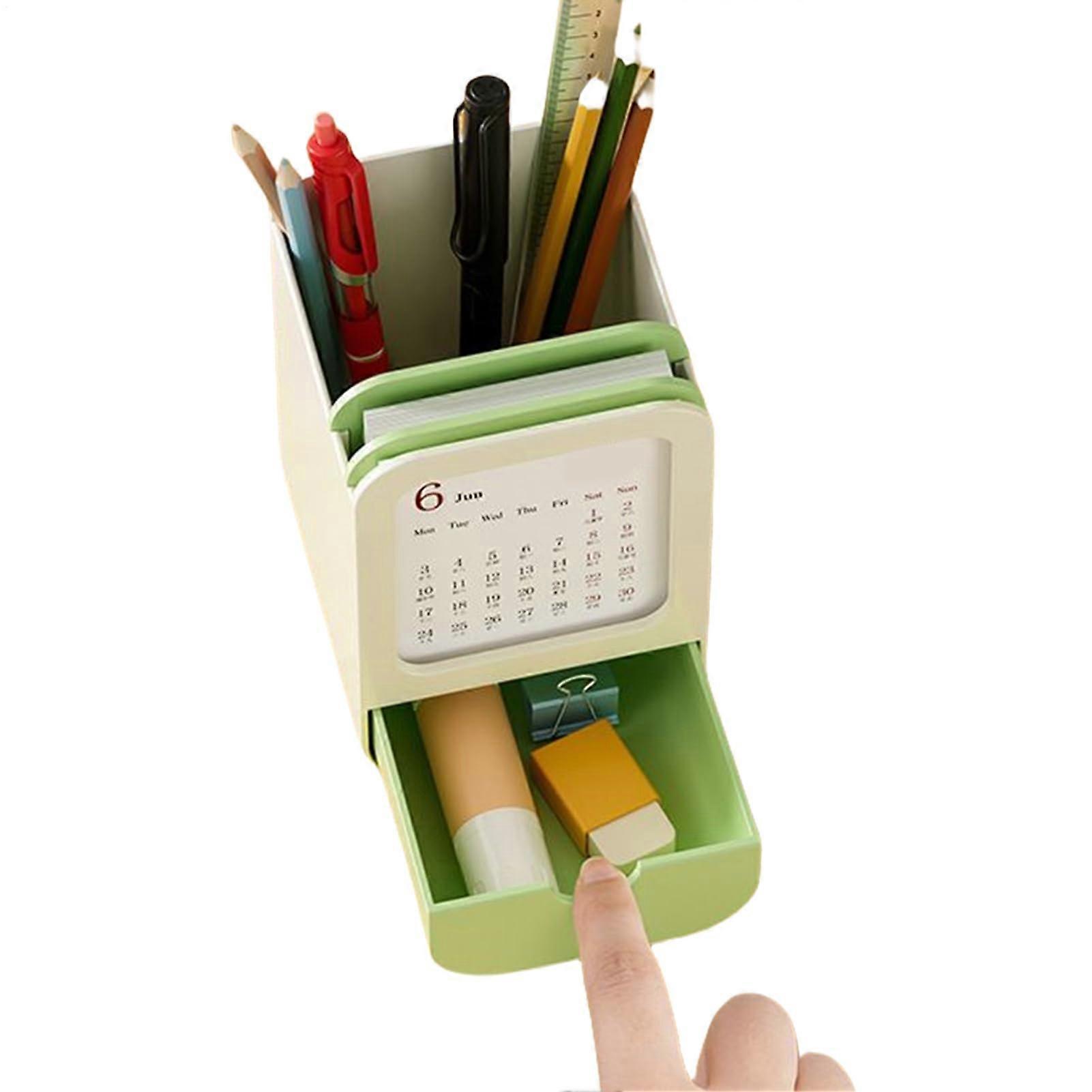 Pen holder for desk, desk drawer organizer with storage  calendar stand  green and white