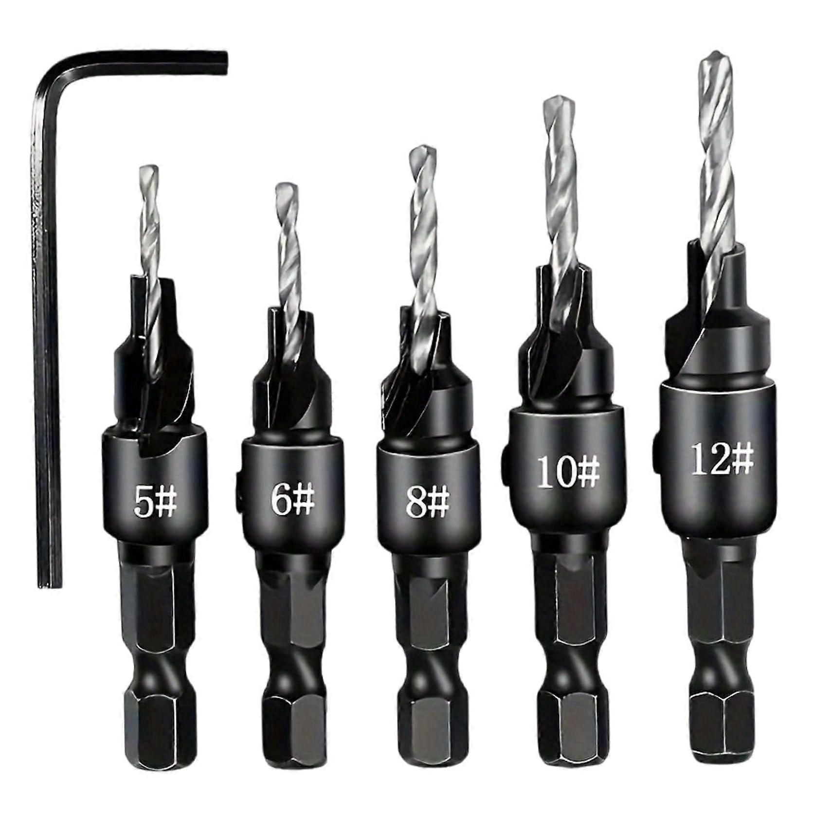 Countersink Drill Bit Set (5pcs)  5 Sizes Countersink Drill Bits with 1/4' Shaft and Screwdriver Replacement  Replacement Tool for Woodworking.