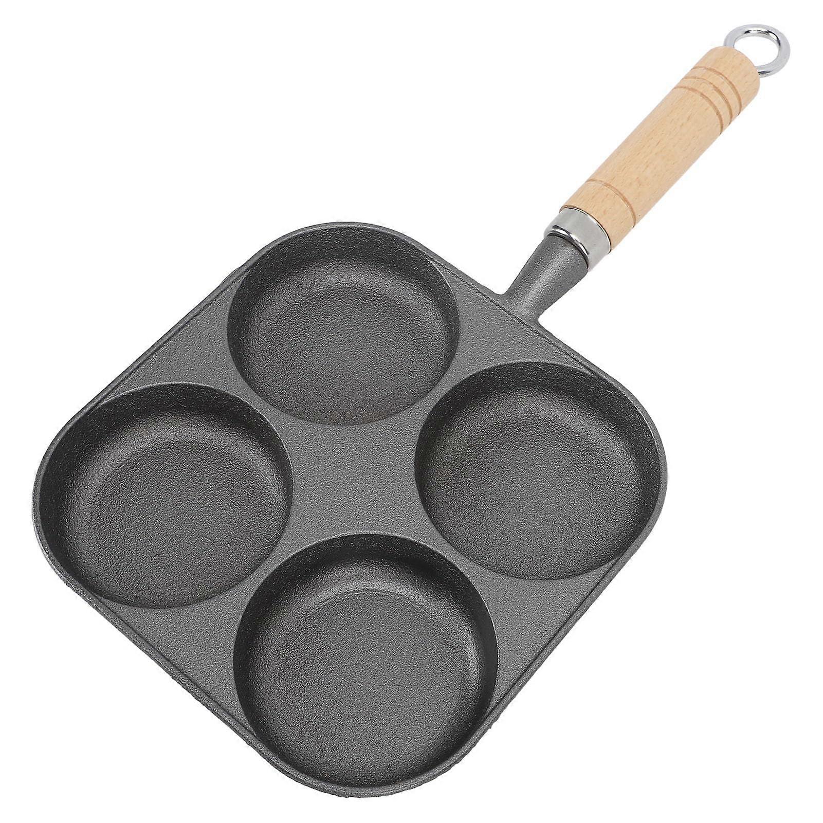 4 Cups Non Stick Egg Frying Pan Hamburger Bun Pan Prevent Stick Easy Clean Iron Egg Cooker Pan with Wooden Handle for Breakfast