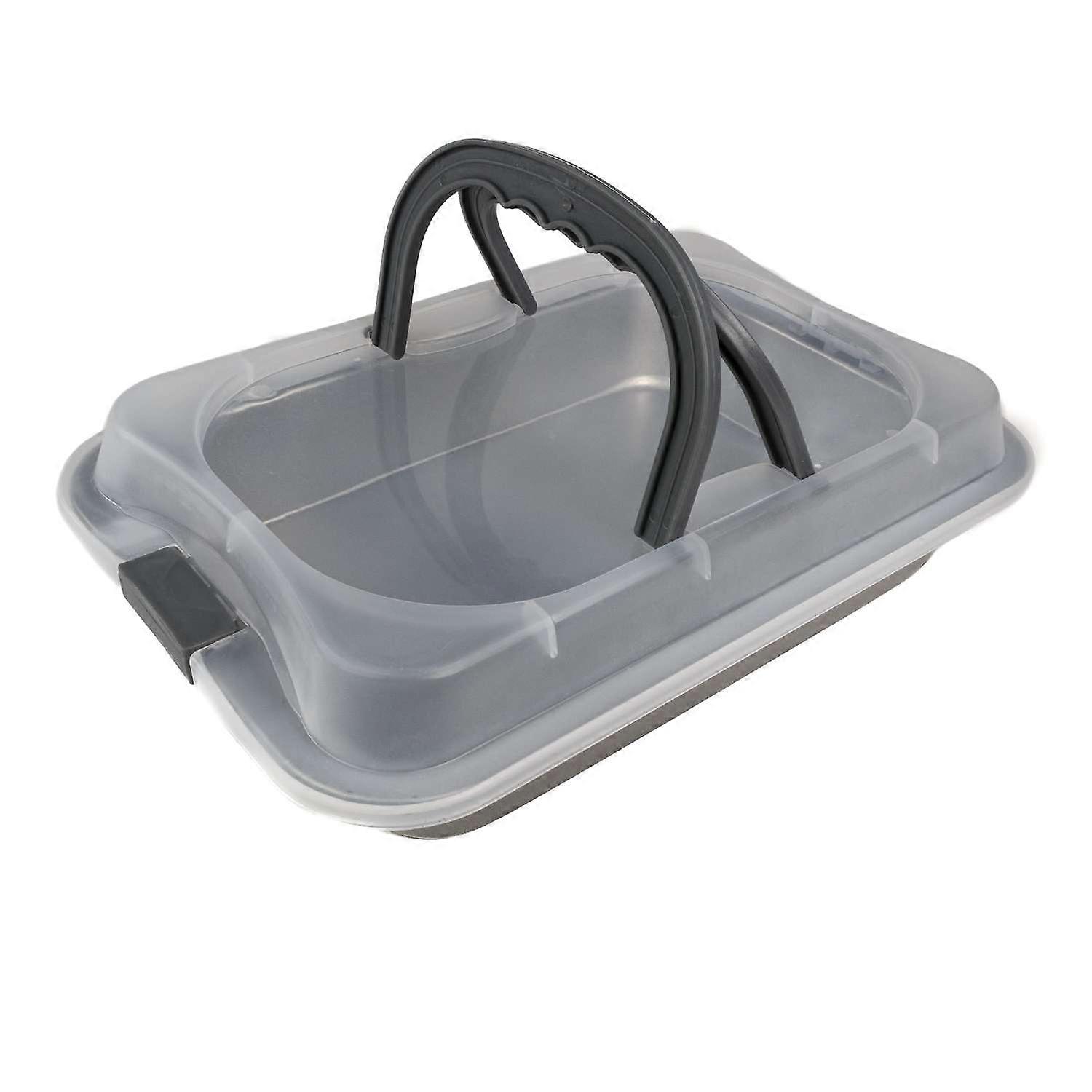 Baking tray cake box with cover for transport in silver - Outside 37.1 x 25 x 9 cm - Inside 31 x 21 x 5.5 cm - approx. 2.6 liters non-stick with carrying handle