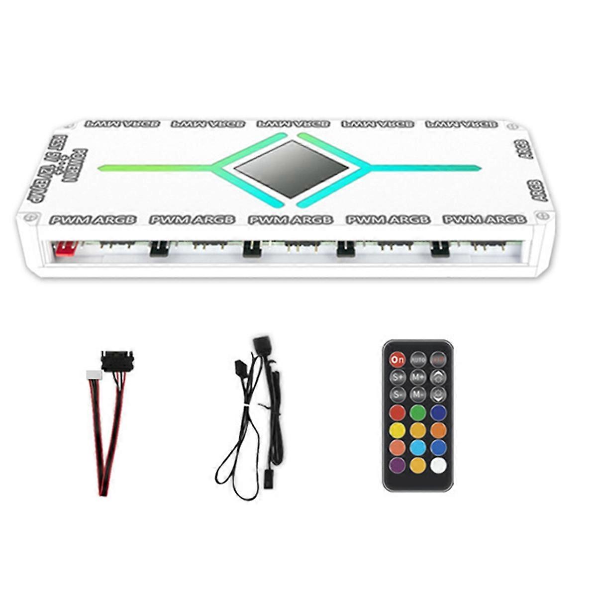 12 Port ARGB +10 Port PWM Magnetic Suction Hub with Remote Control PWM & ARGB Hub Splitter for PC Fan Hub Splitter White