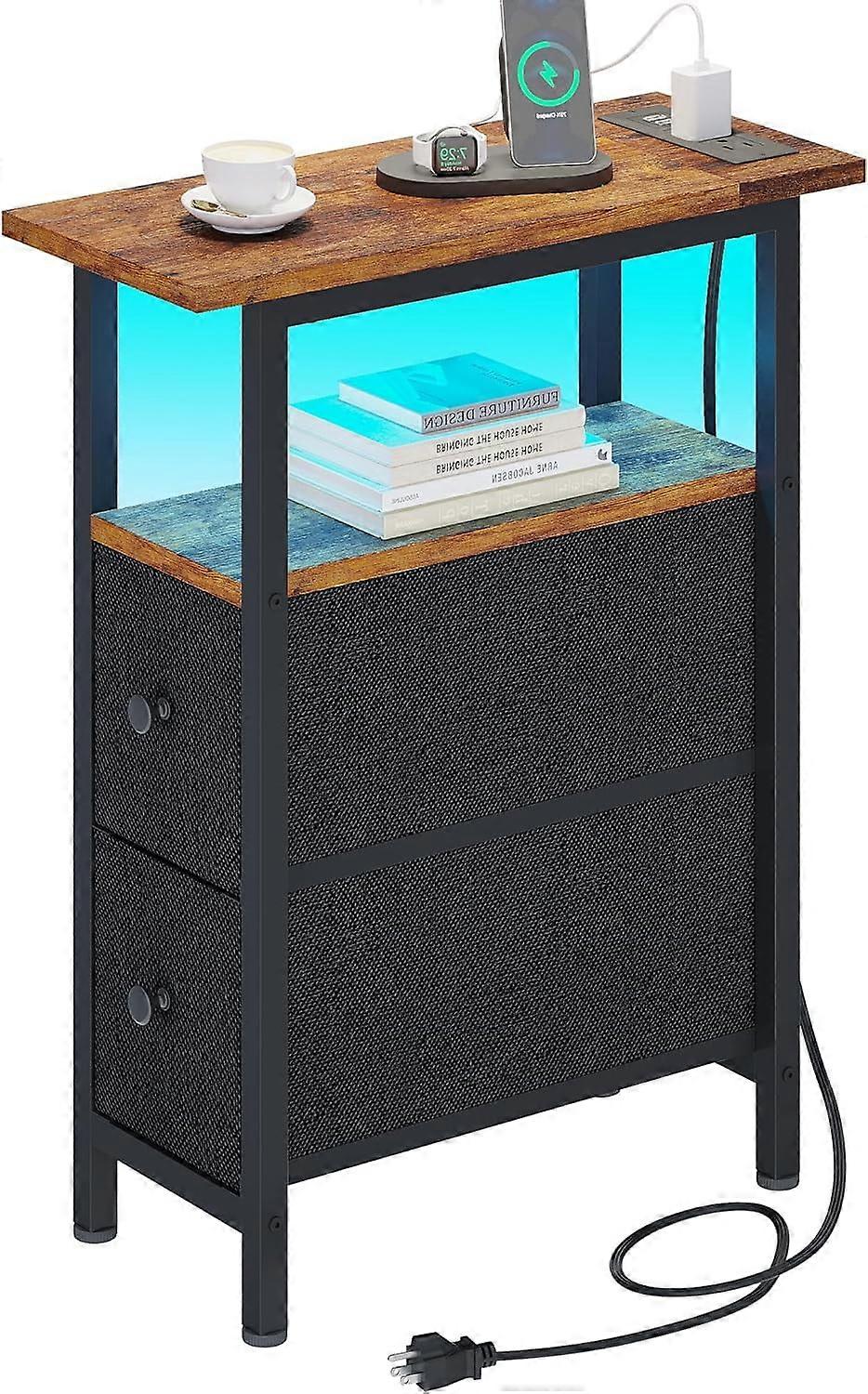 Slim End Table with Charging Station, 2 Fabric Drawers & LED Light, Narrow Nightstand for Small Spaces, Rustic Brown