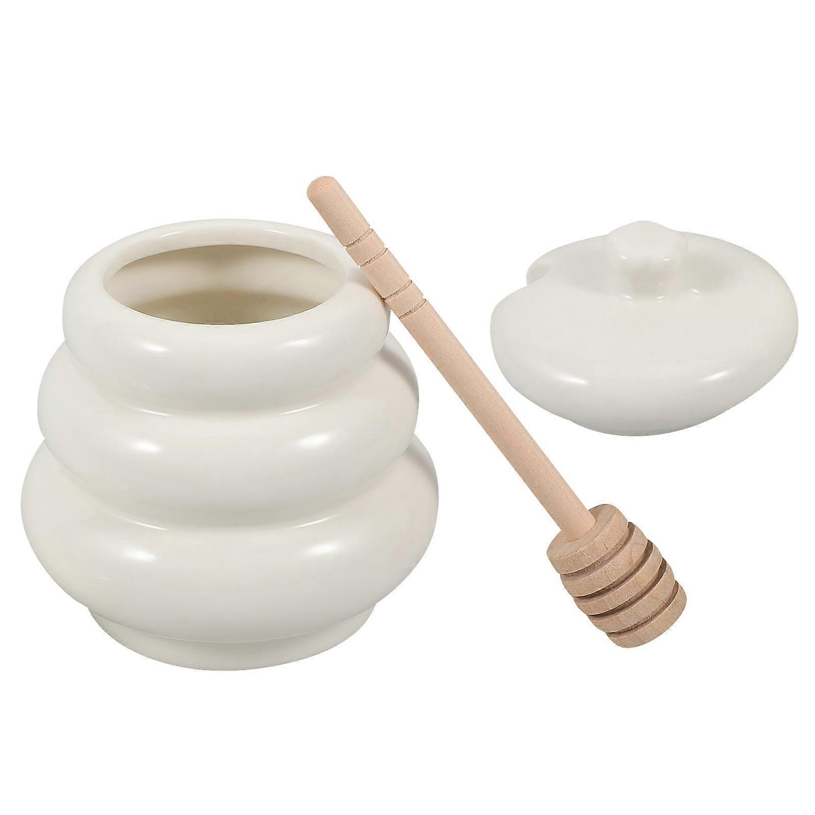Wood Dipper Honey Jar Ceramic Pot for Storage Use 5Sets White Color