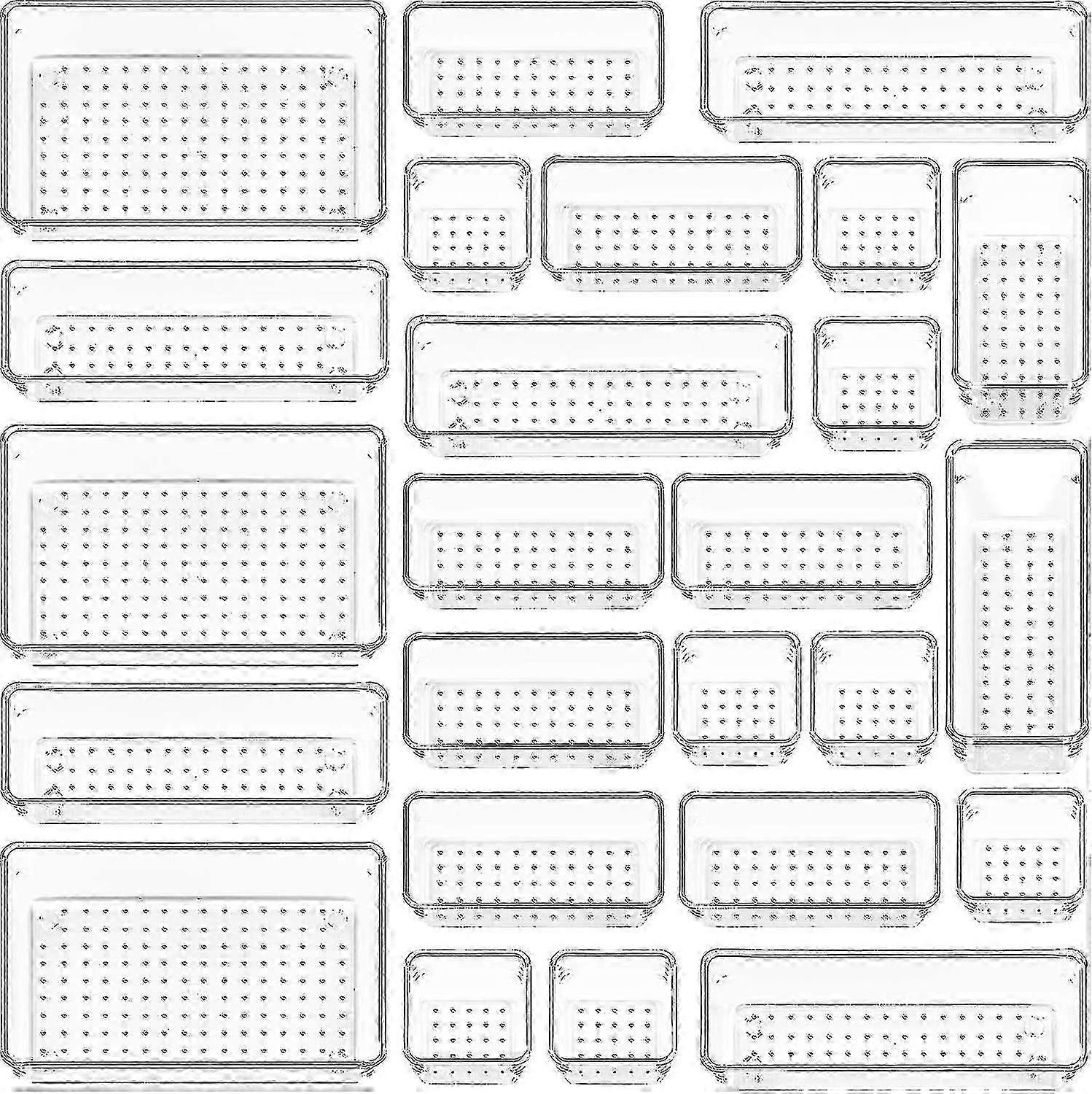 25 Pcs Clear Plastic Drawer Organizers Set, 4-Size Versatile Bathroom & Vanity Drawer Organizer Trays