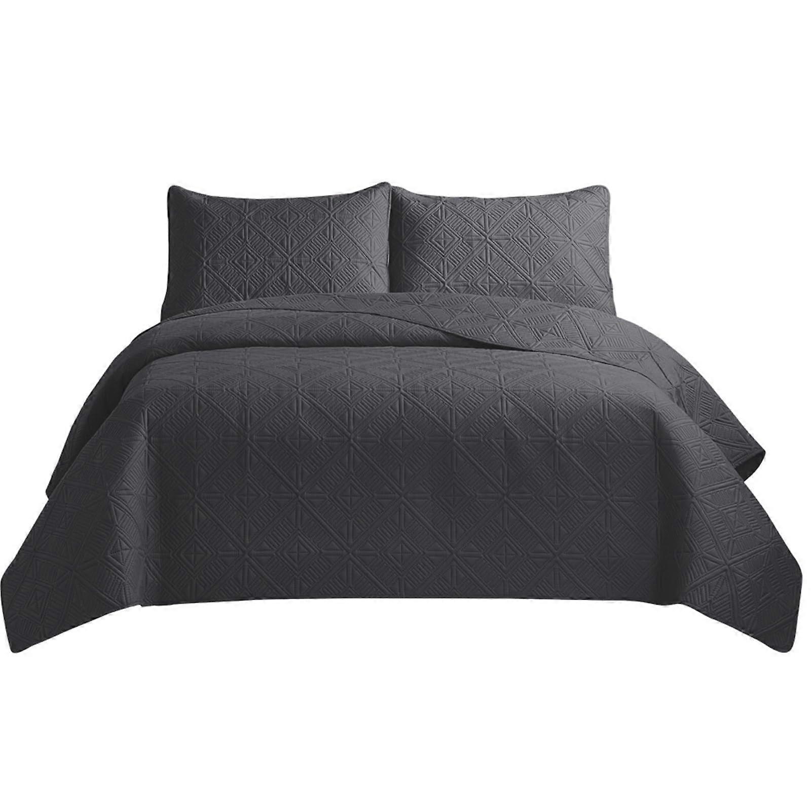 King Size Bedspread Quilted Throws Reversible Embossed Matte Finish Dark Grey Cotton 240x260cm Includes 2 Pillow Shams