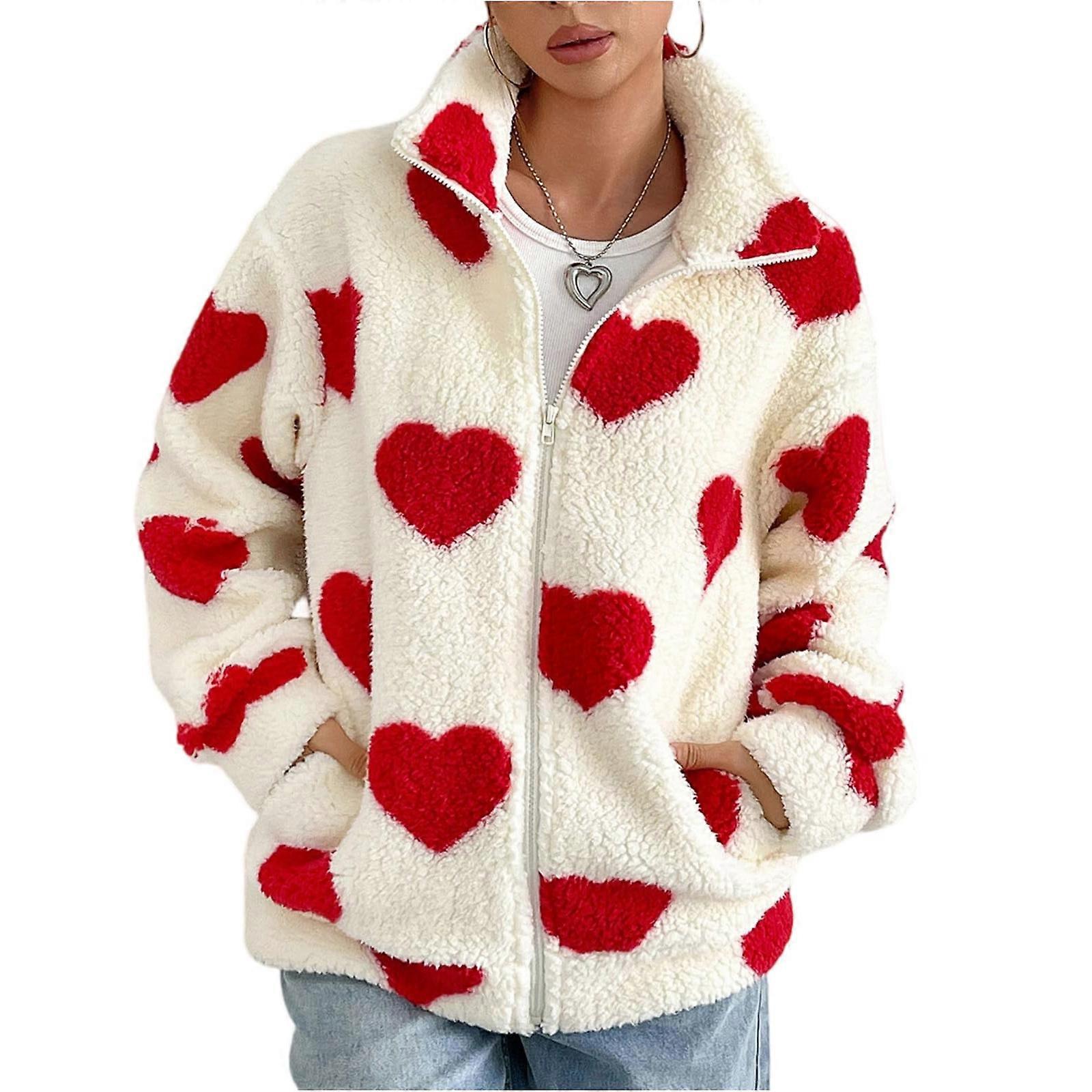 Women's soft fleece casual jacket with heart print  Red XL