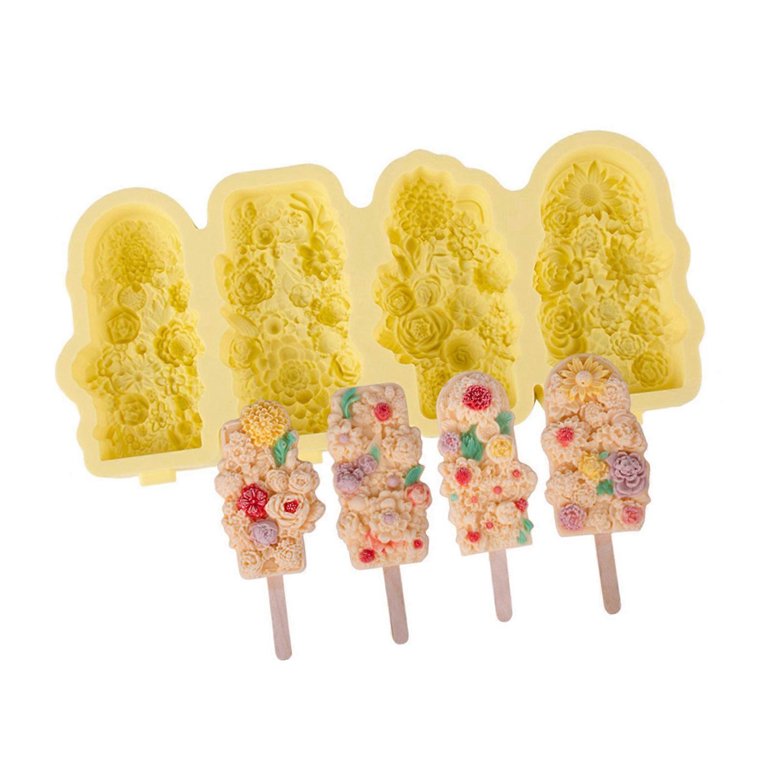 Silicone Ice Molds With Stick for Parties and Gatherings Easy Releases 4 Compartments Popsicles Moulds Ice Cream Molds  Yellow