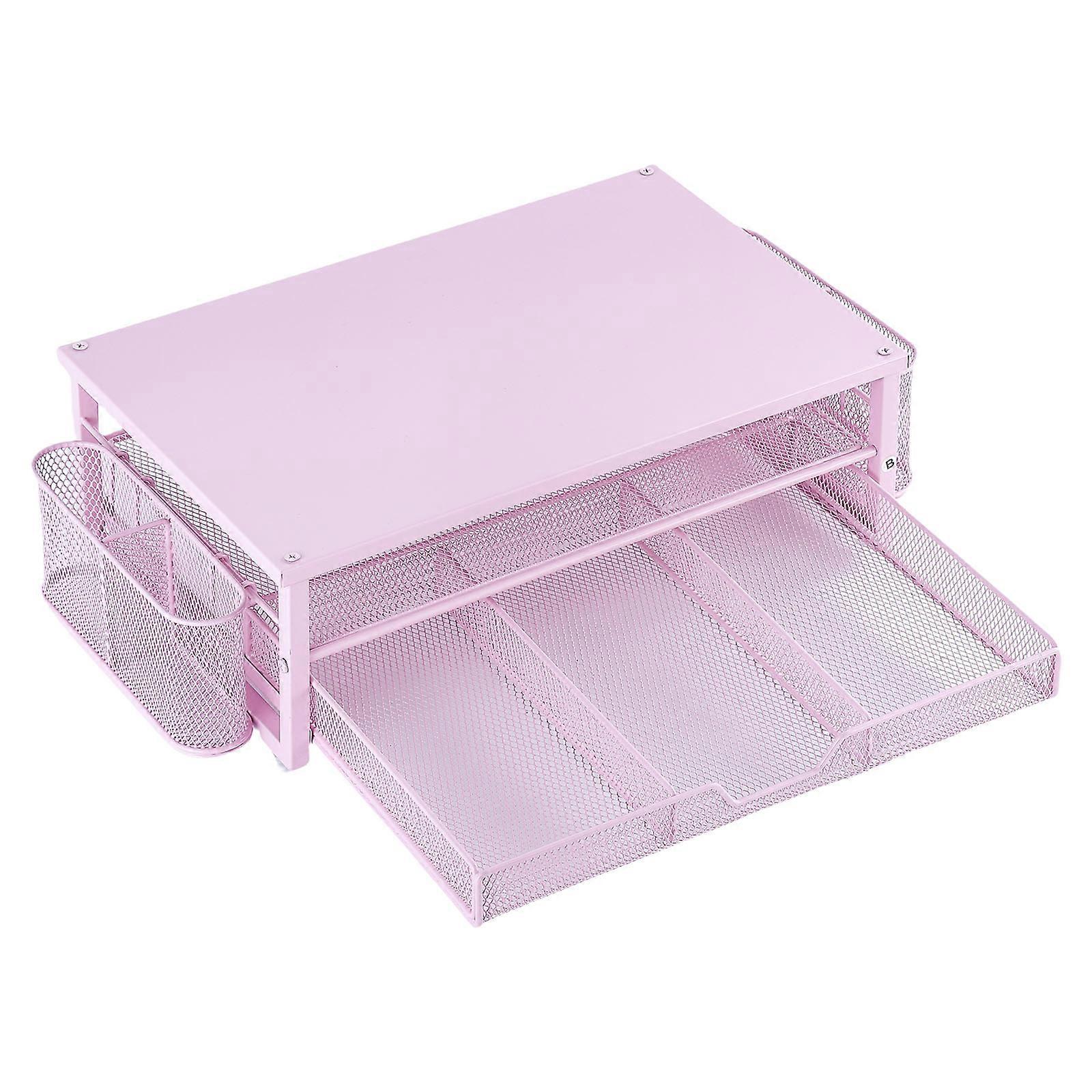 حامل شاشة الكمبيوتر مع درج تهوية وحامل شاشة معدني للتخزين الجانبي حامل كمبيوتر محمول مع كأس قلم درج وردي