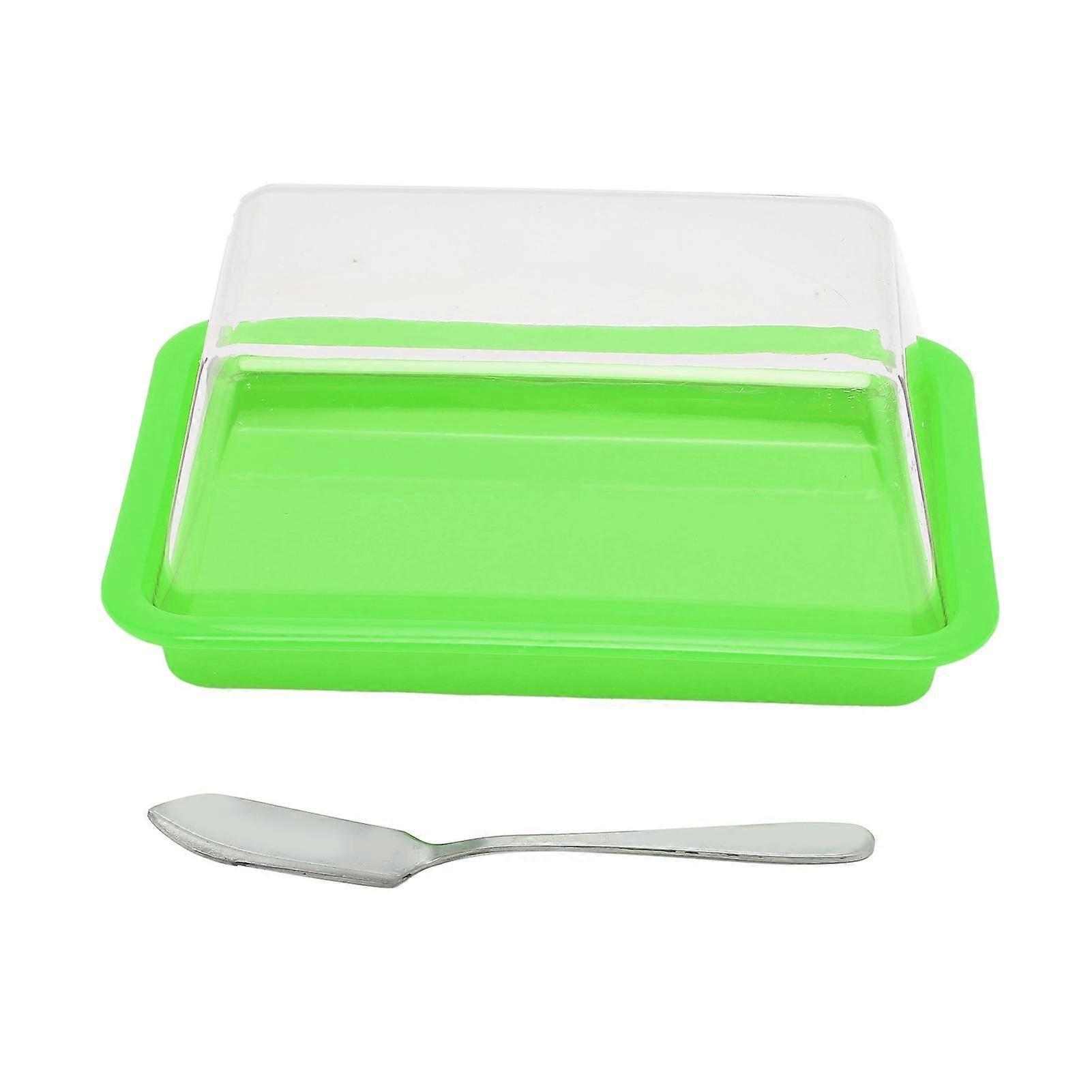 Quadrate Plastic Butter Storage Box Butter Cutter Cheese Container with Transparent LidGreen