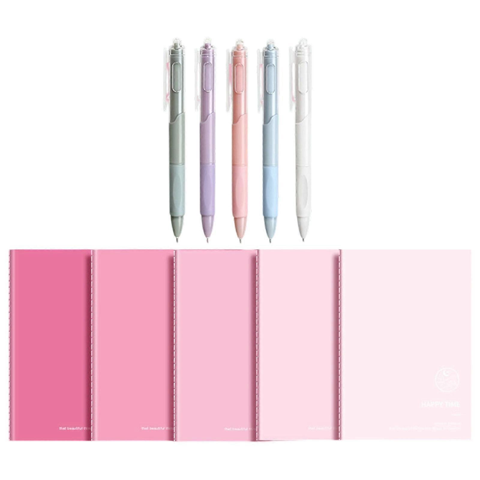 5Pcs Softcover Paper Notepads 30 Sheets Wide Lined Thread Binding Notebooks Includes 5 Pens Retractable For Note Taking  Gradient powder B55