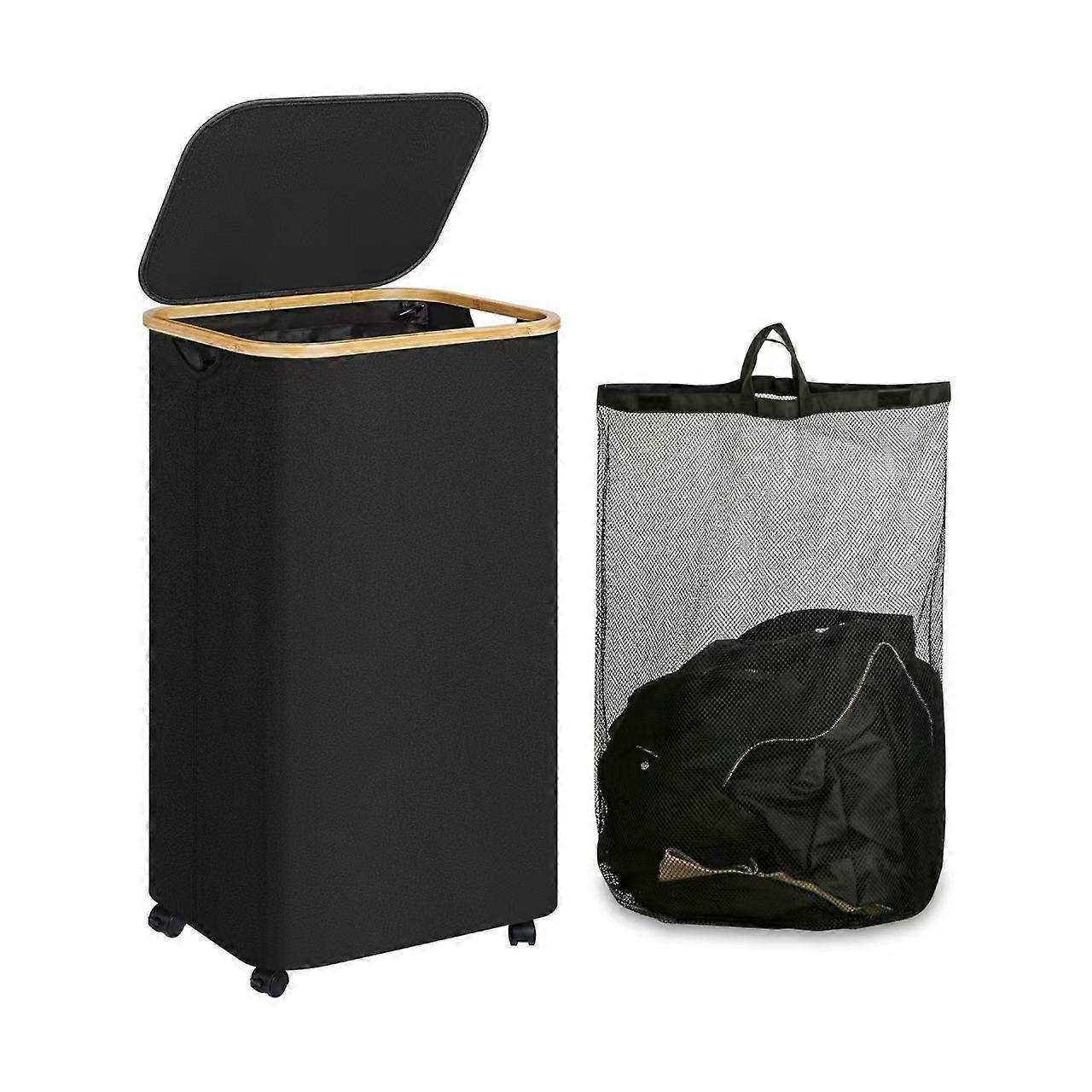 Laundry basket with wheels, slim laundry basket with lid, black