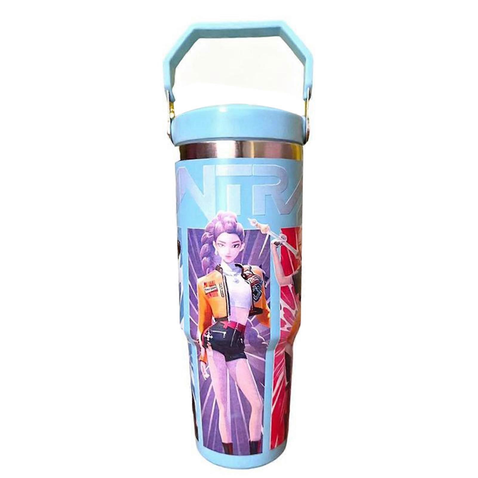 Gobelet isotherme K-Pop Demon Hunter avec paille et poignée, 890 ml (30 oz), en acier inoxydable, style Huntrix, pour les enfants fans du groupe d'idoles K-Pop Demon Hunter.
