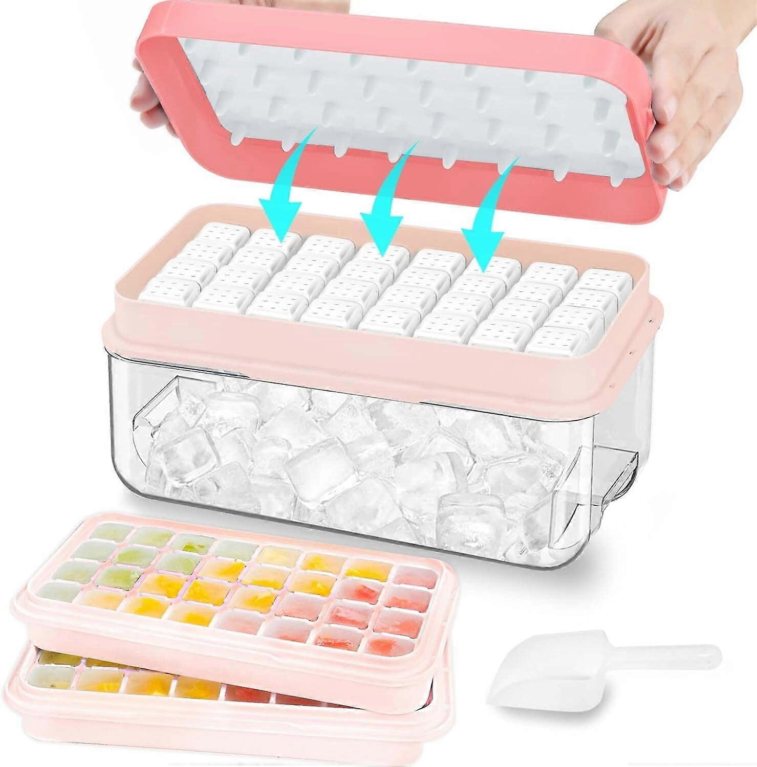 BPA Free One Key Release Ice Cube Silicone Tray with Lid Bin and Scooper Ice Cube Mold for Freezer with Container Storage