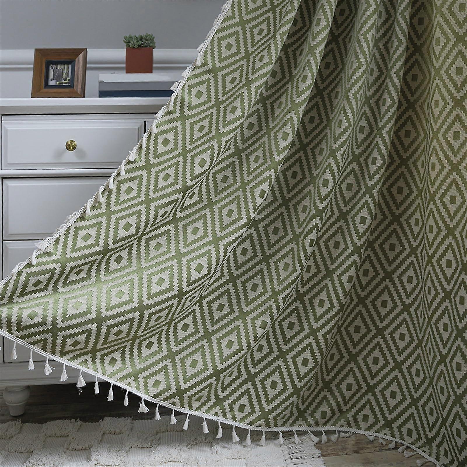 Boho Linen Curtains with Tassels, SemiBlackout Rustic Farmhouse Striped Design for Living Room 132x180cm