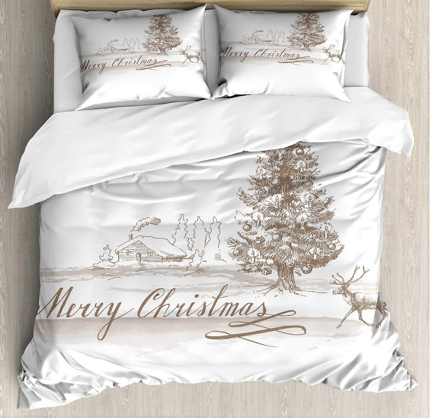 Christmas Duvet Cover Set Queen Size Soft Microfiber with Reindeer and Tree Design Pillow Shams